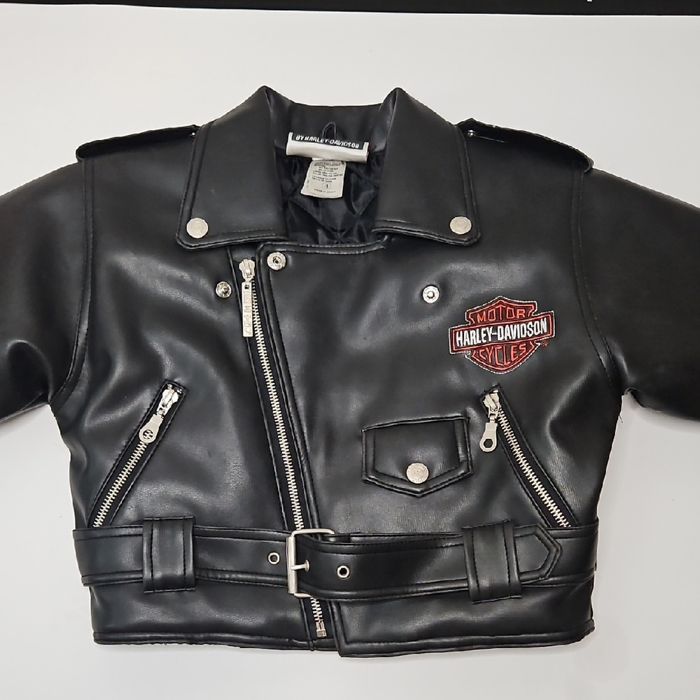 Harley Davidson Kids Black Faux Leather Jacket, Quilted Inside. Size 4 - Picture 2 of 16